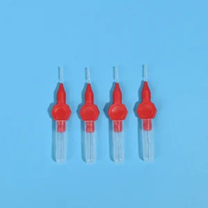 Four red handle mini straight interdental brushes with transparent protective tube, single size orthodontic teeth gap cleaning brushes