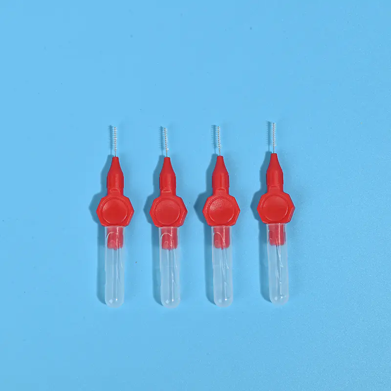 Four red handle mini straight interdental brushes with transparent protective tube, single size orthodontic teeth gap cleaning brushes