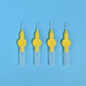 Four yellow handle mini straight interdental brushes with transparent protective tube, single size orthodontic teeth gap cleaning brushes