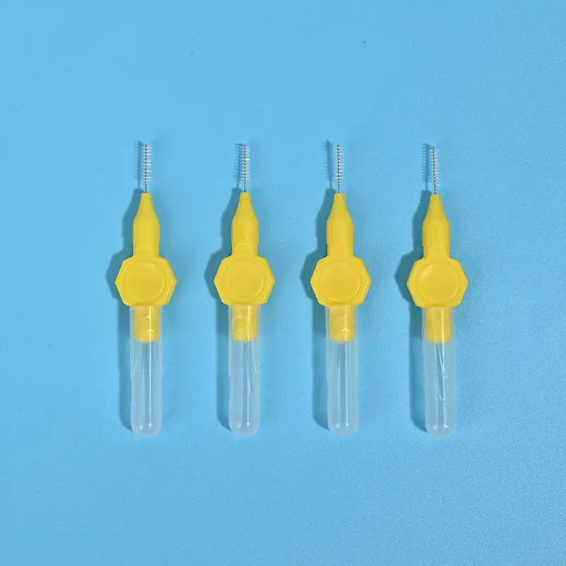 Four yellow handle mini straight interdental brushes with transparent protective tube, single size orthodontic teeth gap cleaning brushes